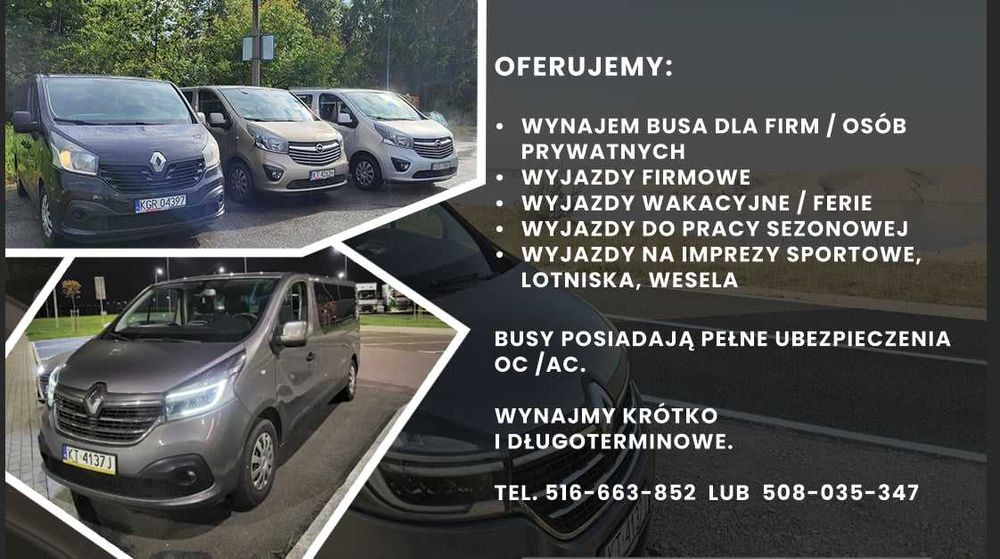 Wynajem busów 9 osobowych, samochodów osobowych, autolawety.