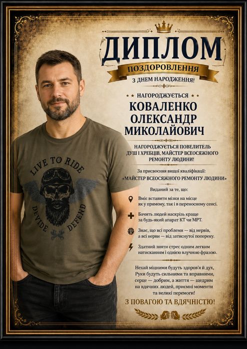 Оригінальний Подарунок з Фото! Вау-Диплом 

Варіант 2 (Короткий): Іменний Диплом-Привітання з Фото на День Народження! Подарунок, що запам'ятається