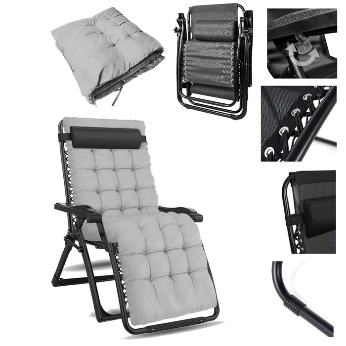 Leżak Składany Zero Gravity czarny ogrodowy lekki z poduszką regulacją