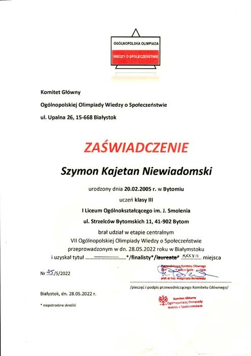 Korepetycje z Wiedzy o Społeczeństwie WOS - matura; olimpiada; liceum
