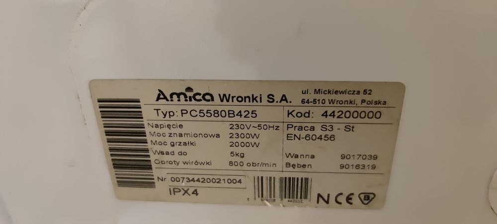 Pralka Amica AWCE10DA typ PC5580B425 części.