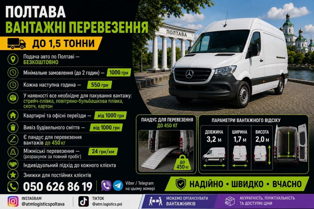 Вантажні перевезення  Переїзди  Mercedes Sprinter L2H2  Полтава Україна