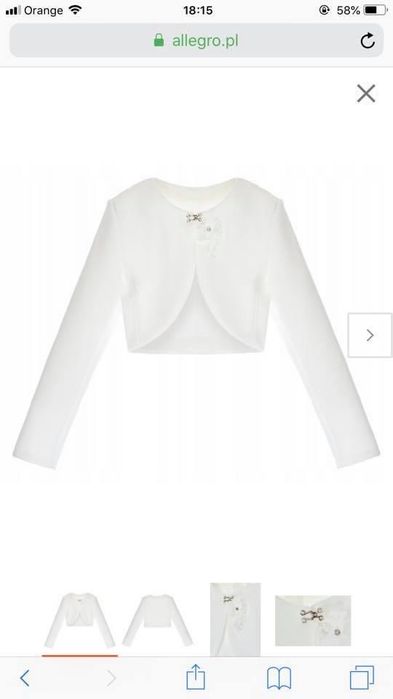 Śnieżnobiałe bolerko po komunii nowe 158