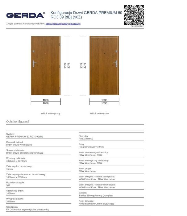Drzwi PRAWE wewnetrzne 90 GERDA PREMIUM 60 RC3 - szt 1