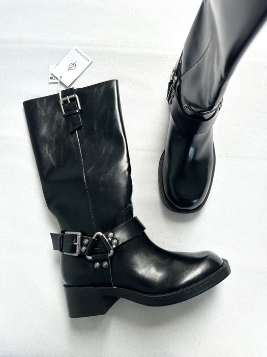 ZARA czarne kozaki biker boots wysokie eko skóra klamra NOWE 37