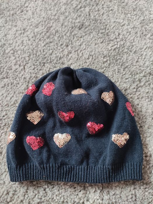 H&M 104 granatowa czapka czapeczka beret jesienna serca złote czerwone