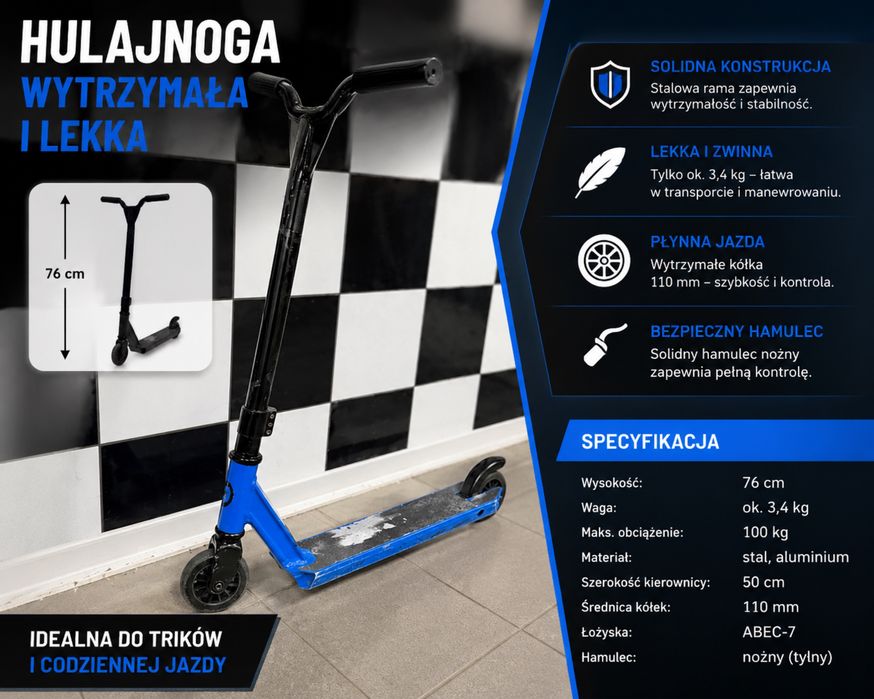 Hulajnoga wyczynowa freestyle 76 cm sprawna