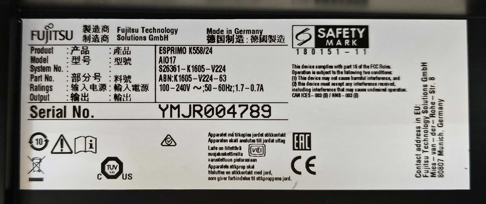 Моноблок 23.8" Fujitsu Esprimo K558 i5-8400T 16Gb/256+500Gb 1920*1080