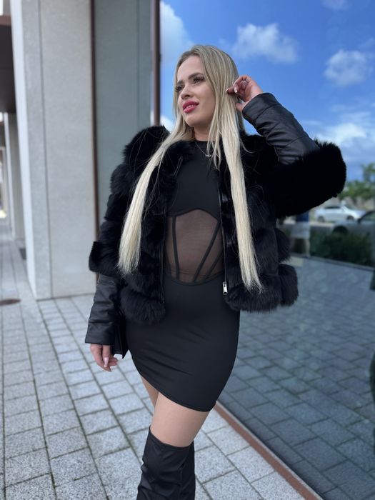 Futro naturalne / kurtka damska czarny lis 3 w 1 krótka nowa zimowa s