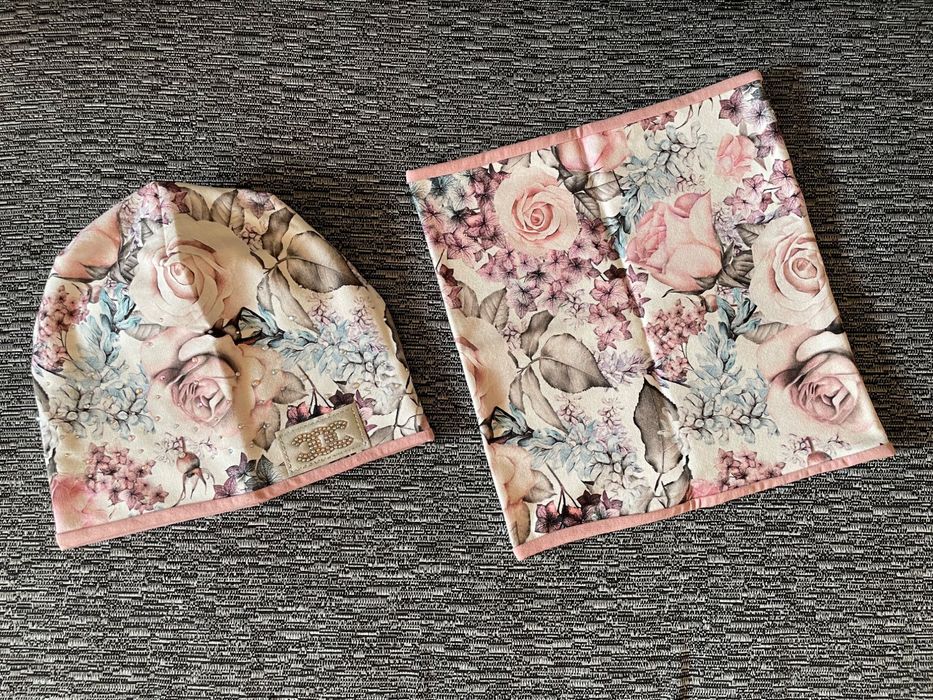 NOWY‼️ Komplet dziewczęcy czapka i komin rozmiar 50‼️ Kwiaty Premium‼️