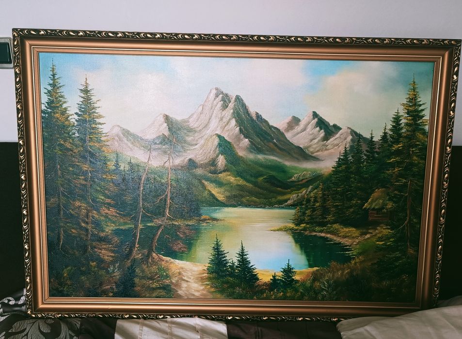 Obraz na płótnie góry jezioro złota rama