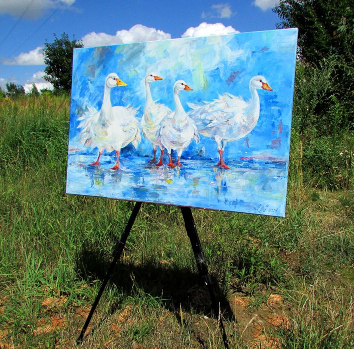Super prezent! Gęsi w deszczu. Oryginalny obraz Akryl, płótno, 90x60cm