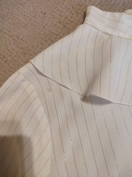 Bluzka z fantazyjnym kołnierzem r. XS retro vintage biała złote paski