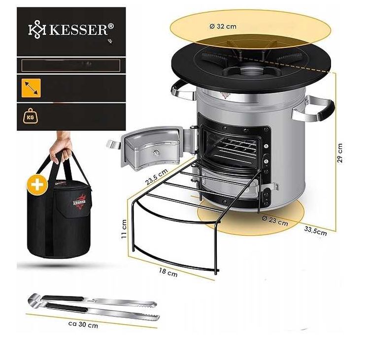 GRILL RAKIETOWY turystyczny z żeliwną paltelnią i torbą transportową