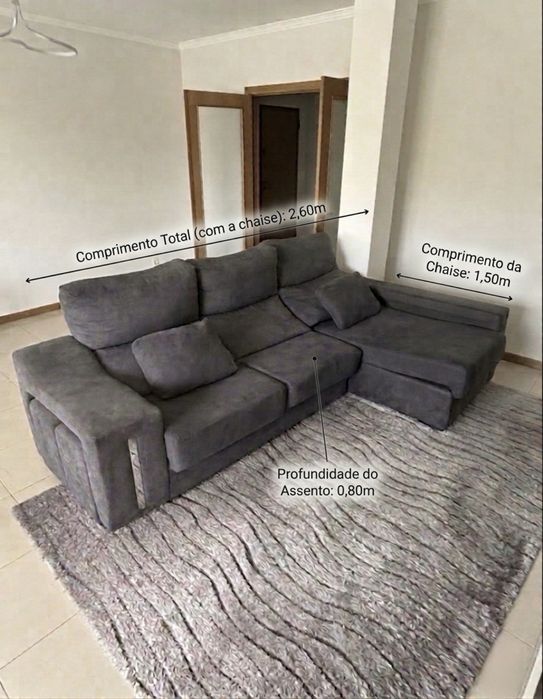 Sofá Chaise Longue com Arrumação e 2 Puffs integrados