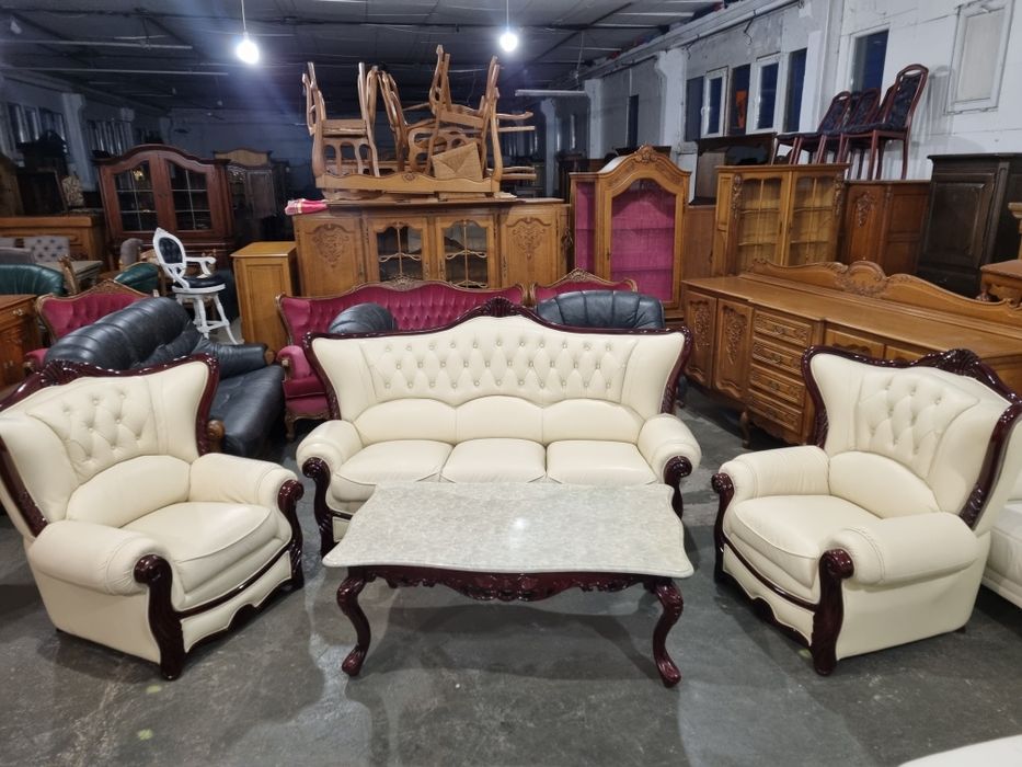 komplet wypoczynkowy ze skóry stolik ława kanapa 2 fotele