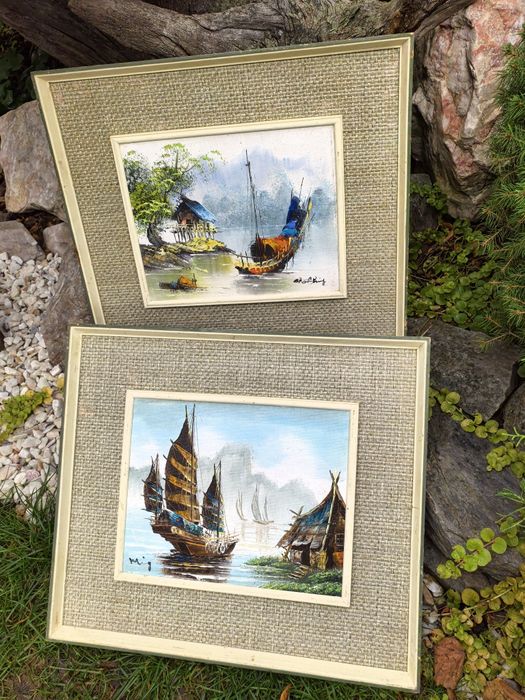 Obrazy olejne, azjatyckie łodzie, gruba warstwa farby, sygnowane