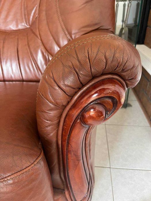 Sofá-cama de 3 lugares em pele + cadeirão, castanho