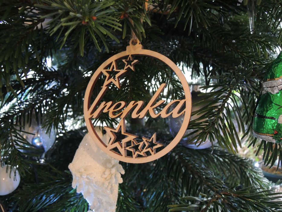 3 x Bombka ażurowa  imie dziecka drewno ok 11x10cm