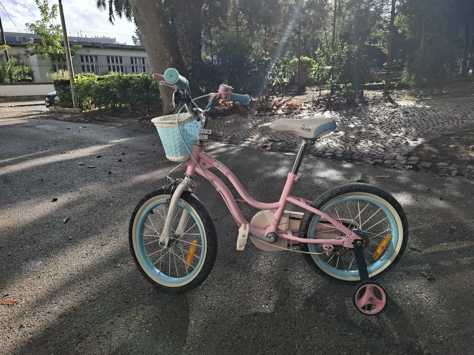 Bicicleta de menina Royal Baby rosa/azul com rodinhas, muito bom estado