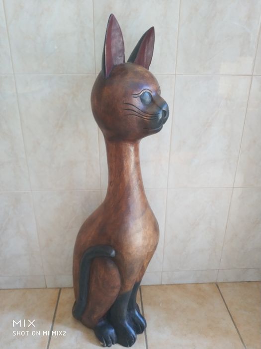 Estátua de Gato em Madeira Maciça – 1 Metro – Peça Decorativa Única