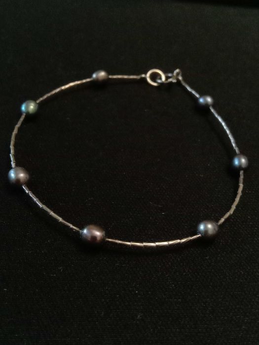 Серебряный браслет Thomas Sabo жемчуг обсидиан серебро винтаж