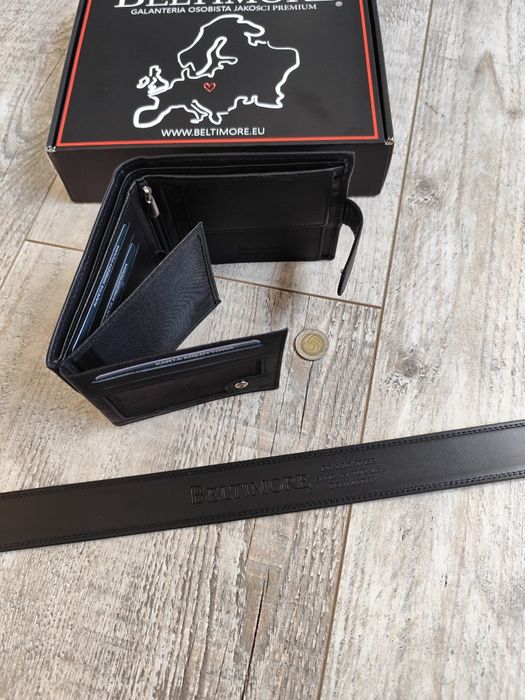 Zestaw nowy prezent męski skórzany pasek i portfel czarny pudełko 110