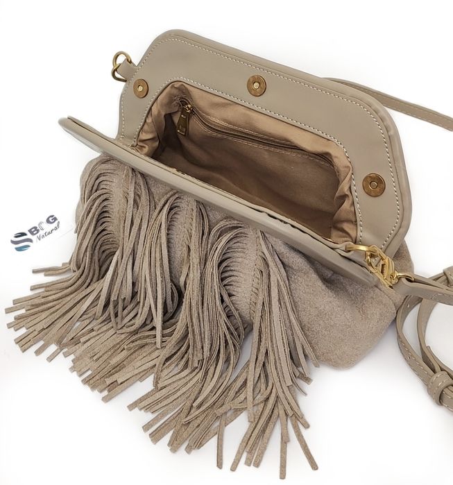 TOREBKA Listonoszka Kopertówka EKO Zamsz Frędzle Taupe 2w1 MODNA