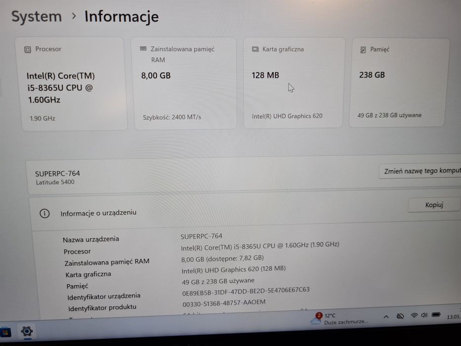 Dell 5400 i5-8365U 8/256 Windows 11 Pro Bateria 5h