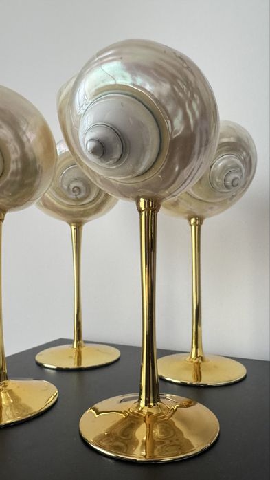 Kieliszki muszle masa perłowa złota stópka do szampana drinków NOWE