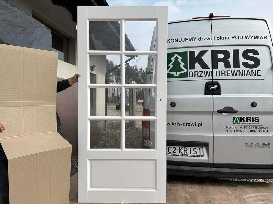 Drzwi drewniane wewnętrzne przeszklone szprosy białe CAŁA POLSKA I UE