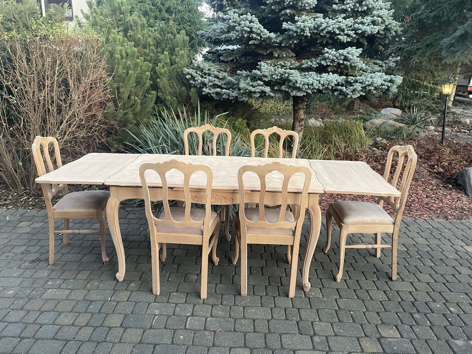 Stół 6 krzeseł w stylu ludwikowskim oczyszczone dąb stan surowy