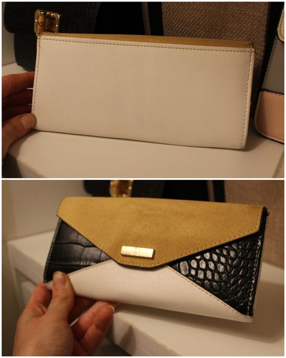 Carteiras de mulher, preta, branca, mostarda e dourada