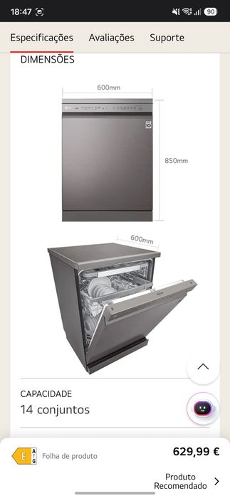 Máquina lavar loiça - LG  Inox (QuadWash) WiFi