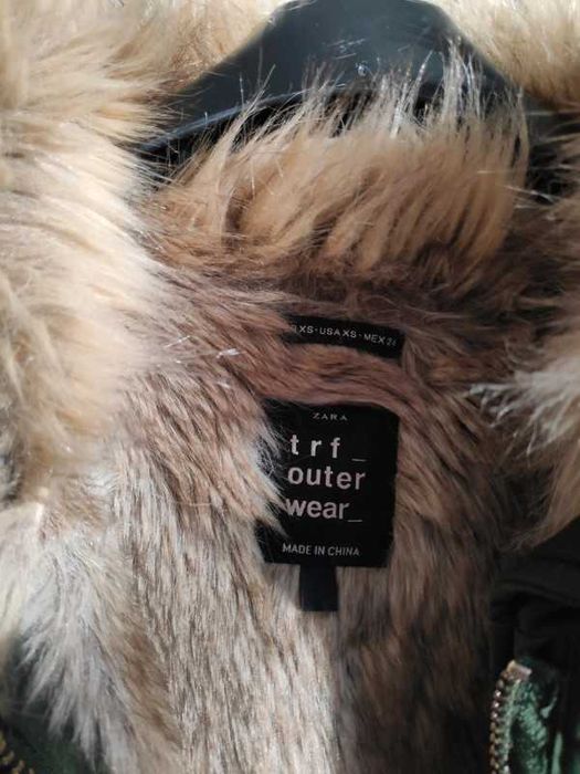 Kurtka zimowa, parka, ciepła, ZARA, futerko, zielona