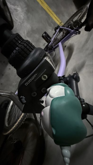 Bicicleta roxa usada com acessorios