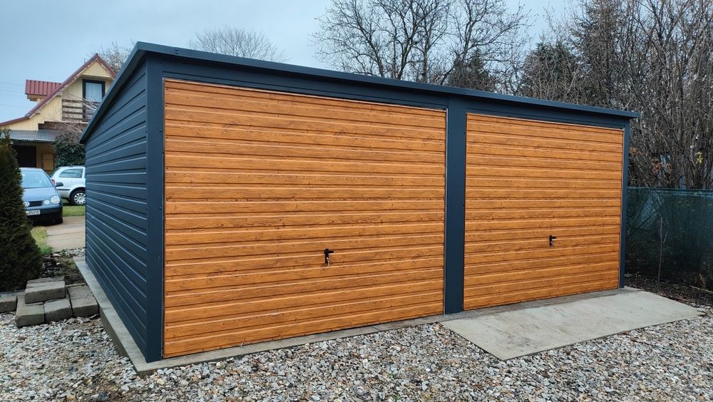 Garaż blaszany drewnopodobny 6x5m, rynna, filc, profil ocynkowany.