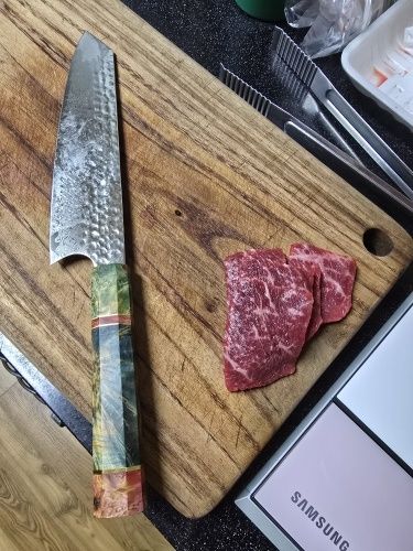 Кованый поварской нож Кирицуке японской дамасской стали 45 слоев HRC59