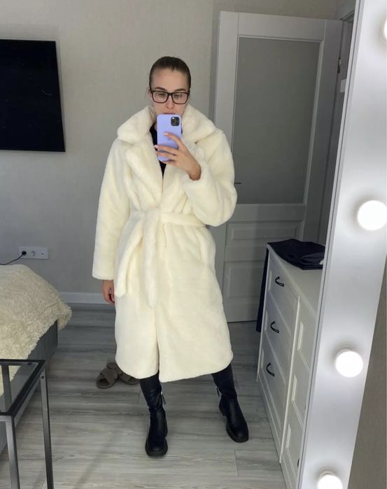 РОЗПРОДАЖ Шуба шубка біла S M з поясом пальто еко зимова штучна L XL