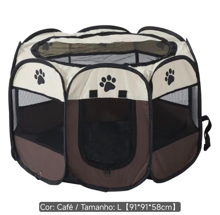 NOVO - Parque dobrável p/ cão c/ saco de transporte 91x91x58cm castanho/bege