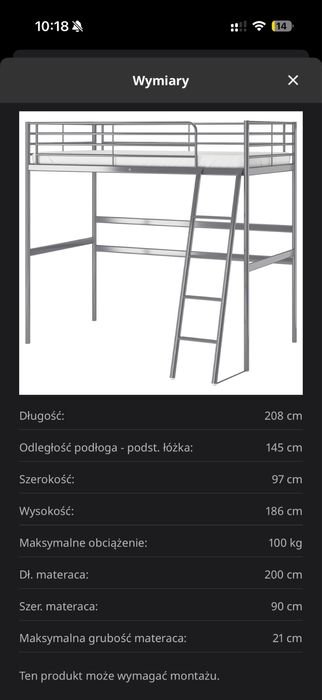Łóżko antresola IKEA SVÄRTA 90x200 cm – srebrne