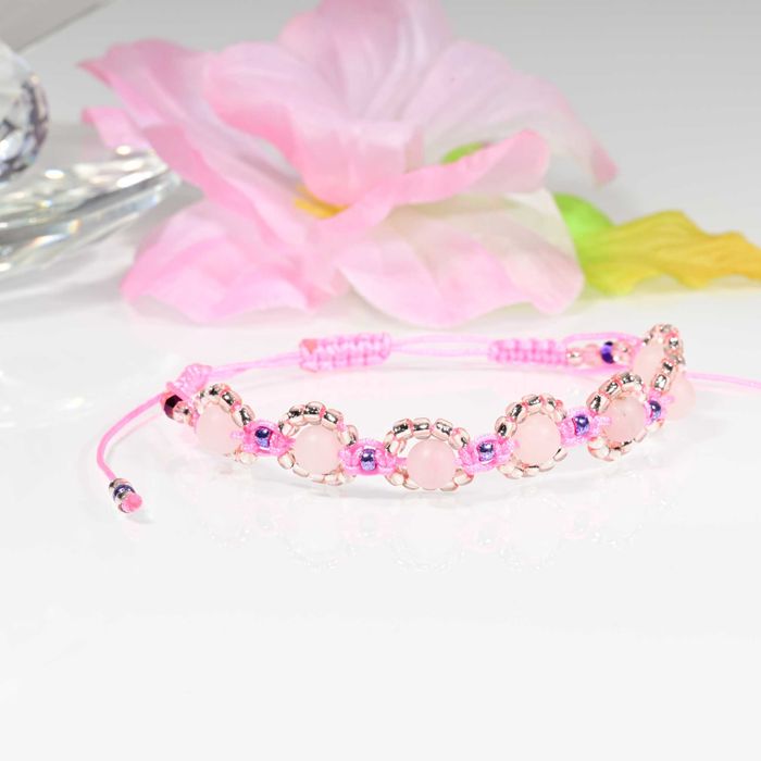 Bransoletka Kwarc różowy makrama Byk, Panna, Waga