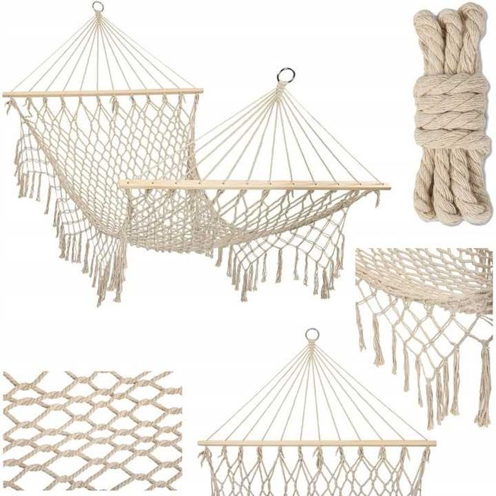 HAMAK Brazylijski BOHO Ogrodowy LEŻAK Wiszący 200CM 150KG Beżowy ECRU