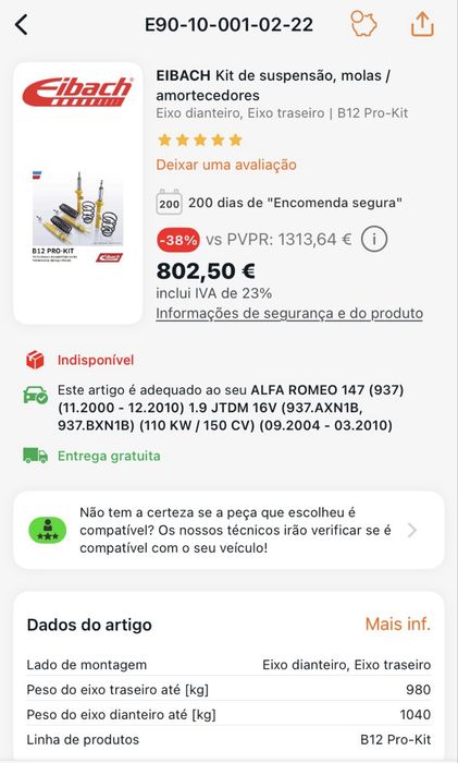 Eibach kit de suspensão B12 PRO-KIT para Alfa romeo 147