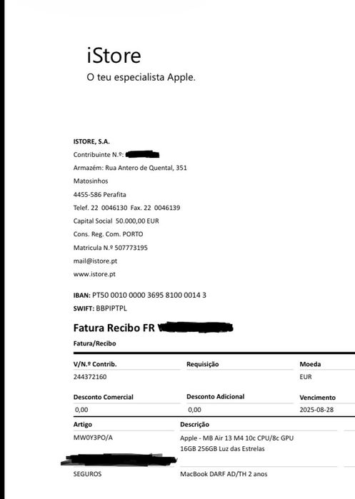 MacBook Air M4 13” 16GB/256GB + Garantia Extra + Fatura