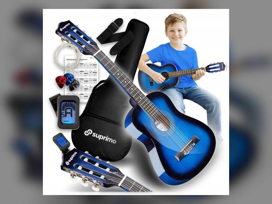 NOWA Gitara Klasyczna 1/4 Dla Dziecka Do Nauki Zestaw Pokrowiec Stroik Struny Kostki Pasek Akordy