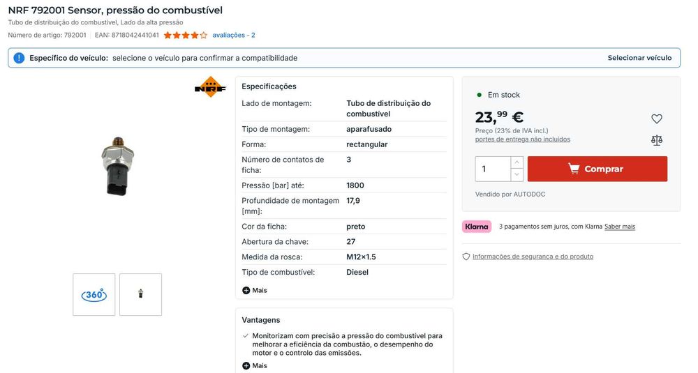 Sensor de Pressão Combustível NRF 792001 – Peugeot / Citroën / Fiat / Toyota – Diesel HDi