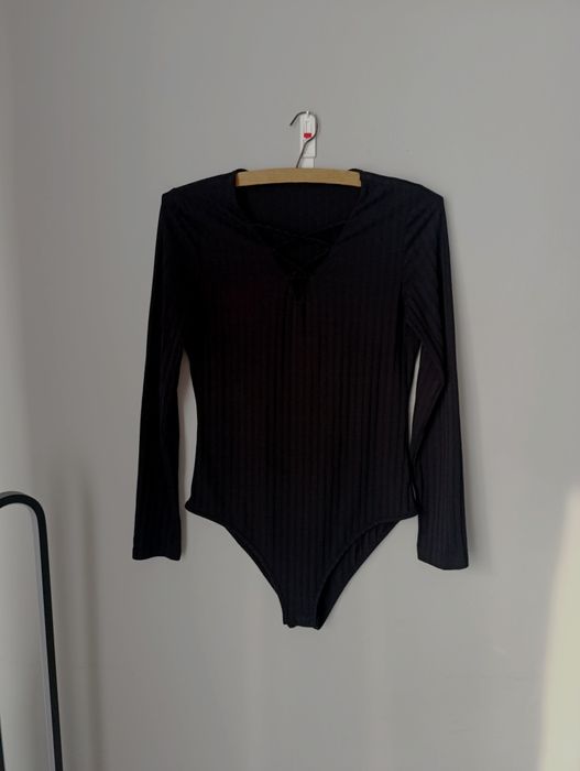 Body damskie, czarne, seksowne, prążkowane, długi rękaw, 40, L, Shein