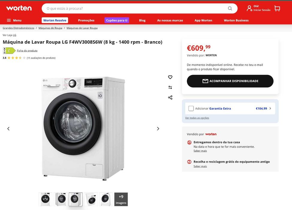 Máquina de Lavar Roupa LG F4WV3008S6W/01 c/garantia