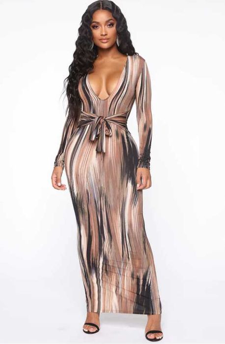 Длинное облегающее платье с принтом с поясом L XL